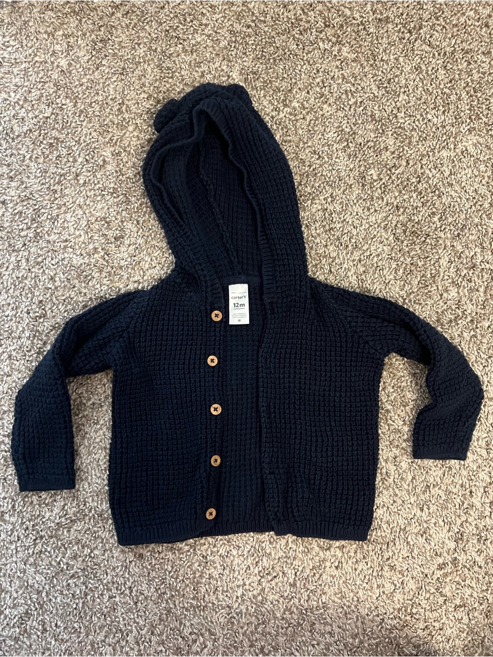 Carter's Navy Hooded Knit Baby Cardigan with Wood Buttons